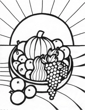 Página para Colorir Fundo de Pôr do Sol com Cesta de Frutas