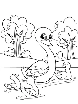 Página para Colorir Mãe Cisne com Filhotes