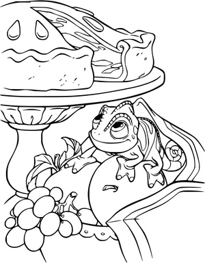 Pascal ao lado de uma torta, página de colorir detalhada de Enrolados, imprimível grátis