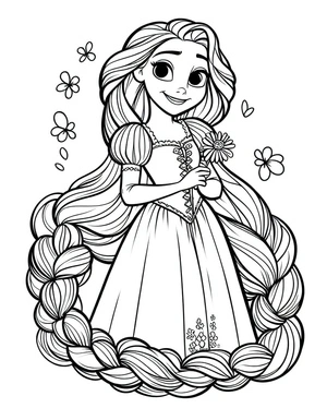 Rapunzel segurando uma flor, página de colorir detalhada de Enrolados, imprimível grátis
