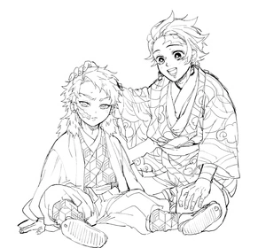 Tanjiro e amigo sentados, página para colorir detalhada de Tanjiro, imprimível grátis