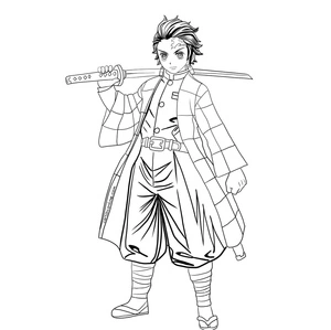 Tanjiro em pé com espada, página de colorir detalhada de Tanjiro, imprimível grátis