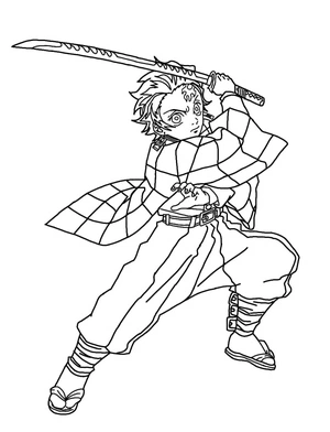 Tanjiro em pose de ataque, página de colorir média de Tanjiro, imprimível grátis