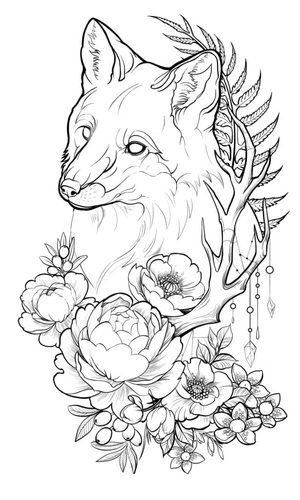 Página para Colorir Tatuagem de Raposa e Flor