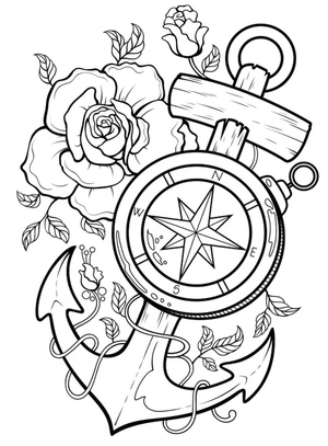 Página para Colorir Desenho de Tatuagem de Âncora e Bússola