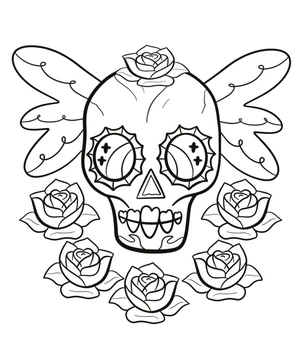 Página para Colorir Desenho de Tatuagem: Caveiras e Rosas