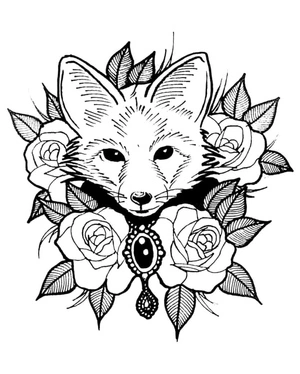 Página para Colorir Tatuagem de Flores e Raposa