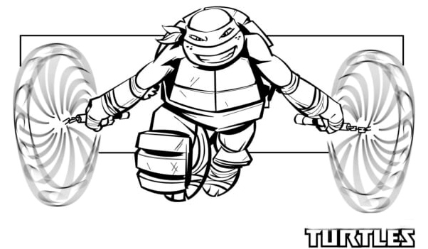 Página para Colorir Poucas pessoas sabem que Mike tem a habilidade de voar usando o nunchaku.