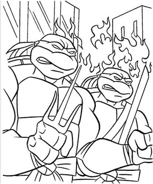 Página para Colorir Tartarugas Ninja em uma Aventura Incendiária