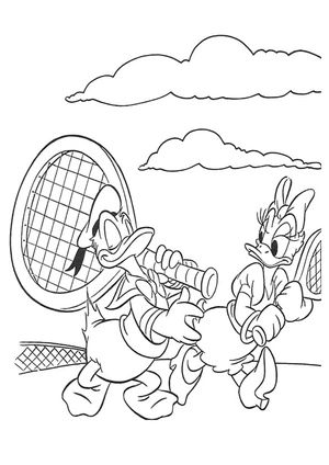 Donald e Daisy jogando tênis, fácil página para colorir de tênis, imprimível grátis