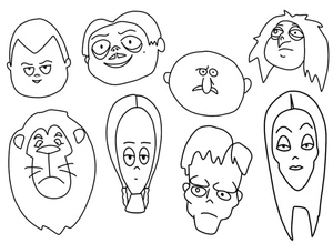 Página para Colorir Rostos dos Membros da Família Addams