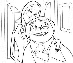 Página para Colorir Morticia e Gomez olhando para algo