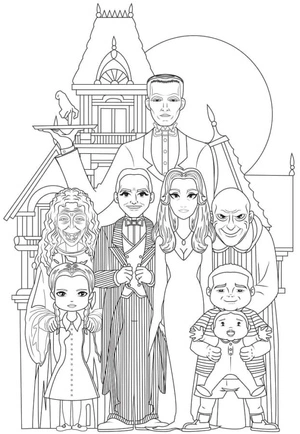 Página para Colorir A Família Addams em Frente à Sua Casa Assombrada