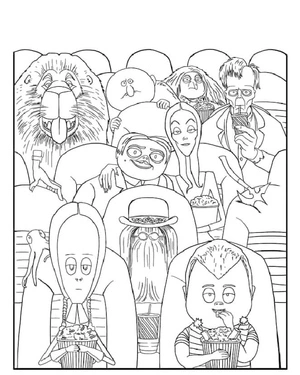 Página para Colorir A Família Addams Assistindo a um Filme