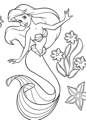 Página para Colorir Ariel cercada por lindas flores