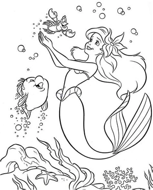 Página para Colorir Ariel com Belas Criaturas Marinhas