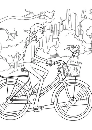 Personagem andando de bicicleta com cachorro na cesta, página para colorir média de A Vida Secreta dos Pets, grátis para imprimir