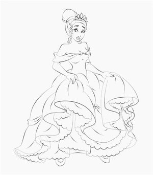 Página para Colorir Tiana está vestida com um vestido azul fofo.