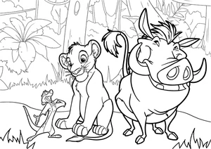 Página para Colorir Simba com seus amigos Timão e Pumba