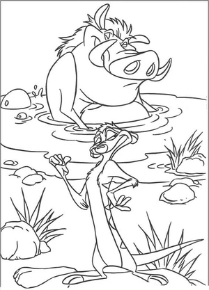Página para Colorir Timon e Pumba Brincando na Água