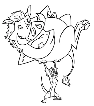 Página para Colorir Timon Segurando Pumbaa em uma Pose Forte