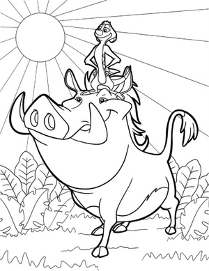 Timon em pé sobre a cabeça do Pumbaa