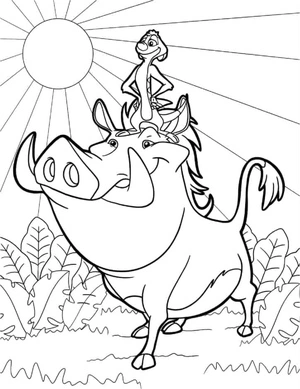 Página para Colorir Timon em pé sobre a cabeça do Pumbaa