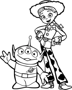 Página para Colorir Página para Colorir: Toy Story 2 com Jessie e o Alienígena