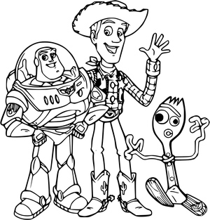 Página para Colorir: Buzz Lightyear, Woody e Forky de Toy Story 4