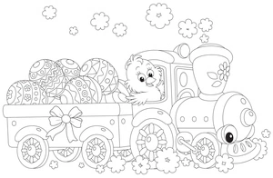 Página para Colorir Pintinho de Páscoa no Trem com Ovos