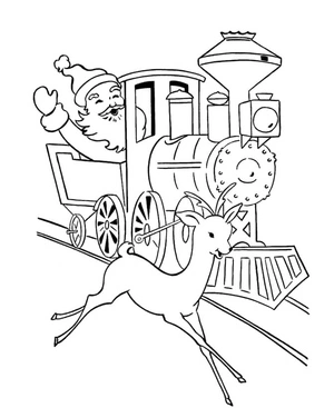 Página para Colorir Papai Noel Andando de Trem Puxado por Renas