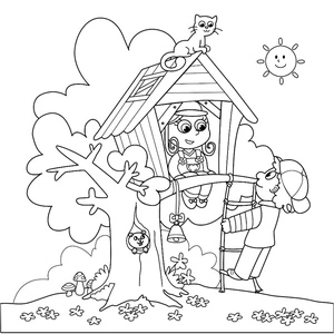 Página para Colorir Crianças Adoráveis e Casa na Árvore