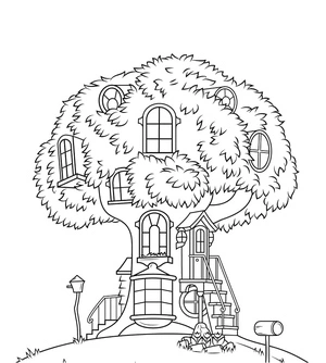 Página para Colorir Esconderijo Incrível no Topo da Árvore