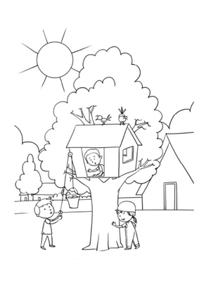 Página para Colorir Crianças e Casa na Árvore