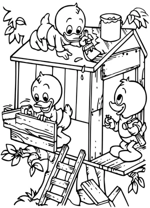 Página para Colorir Pato e Casa na Árvore