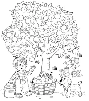 Página para Colorir Um Menino e Seu Cachorro Colhendo Frutas de uma Árvore