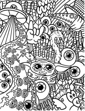 Página para Colorir Bebê Yoda Psicodélico com Alienígenas