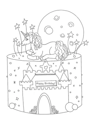 Página para Colorir Bolo de Unicórnio para Festa de Aniversário