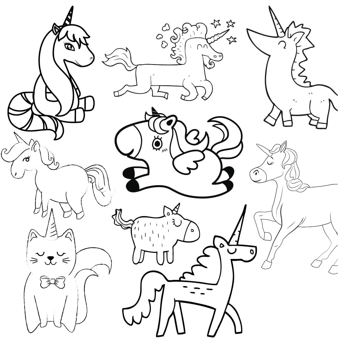 Página para Colorir Nove Unicórnios Mágicos