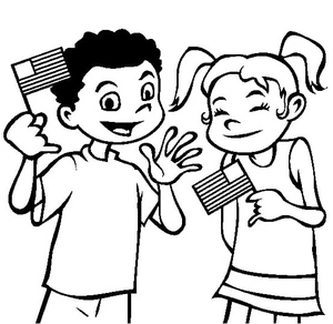 Página para Colorir Crianças com Bandeiras Americanas