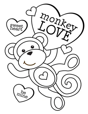Página para Colorir Macaco do Dia dos Namorados com Corações
