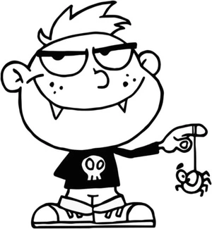 Página para Colorir Um pequeno vampiro se diverte com uma aranha.