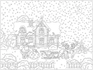 Página para Colorir Papai Noel e seu trenó de renas em frente a uma casa bonita