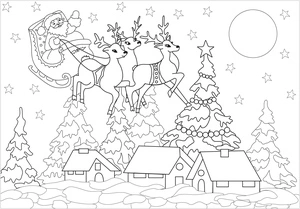 Página para Colorir Papai Noel em uma Vila Festiva