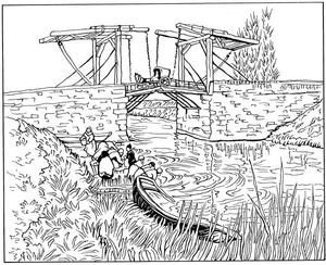 Página para Colorir Ponte Langlois em Arles por Vincent Van Gogh