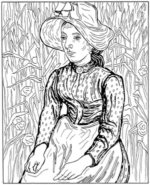 Página para Colorir Mulher Trabalhando no Campo por Vincent Van Gogh