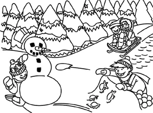 Crianças construindo boneco de neve, página de colorir fácil de inverno, grátis para imprimir