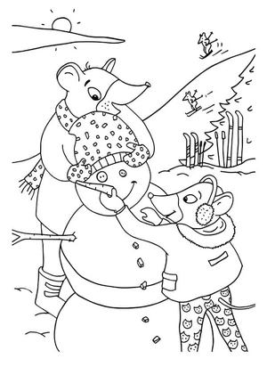Ratos construindo um boneco de neve, página de colorir de inverno detalhada, para imprimir grátis