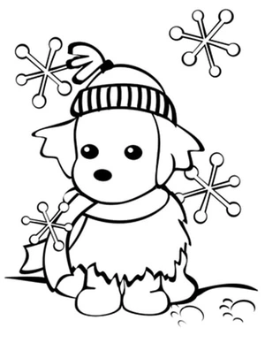 Filhote com gorro e flocos de neve, fácil página de colorir de inverno, grátis para imprimir