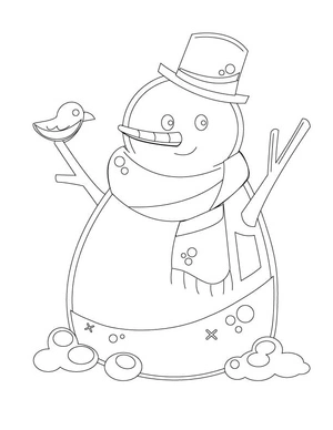 Boneco de neve com pássaro, página de colorir fácil de inverno, grátis para imprimir